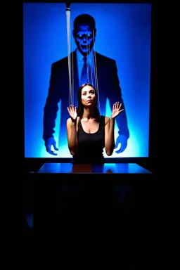 a digital image of a woman seated on a table, she is connected to string like a puppet, arms in air, moved by the strings, puppet like features in the face, beautiful face, behind her is a huge image of a man holding the strings, creepy character,.zoomed in, dark and shadowy background with selective lighting on the woman