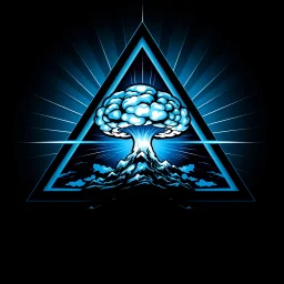 a blue nuclear explosion mushroom cloud inside an equilateral triangle, radiant lines, vector logo