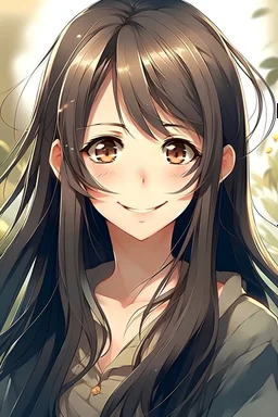 beautiful anime girl with nice and big ayes dark hair more natural smile