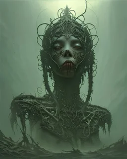 A captivating vision of a character in a post-apocalyptic world, where nature has reclaimed the remnants of human civilization and new lifeforms have emerged, in the style of dark fantasy art, intricate details, moody lighting, and thought-provoking compositions, influenced by the works of H.R. Giger and Zdzisław Beksiński