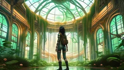 floating alien jellyfish, rampant foliage, and vines, inside a huge vaulted alien building, with circular windows, woman with black hair in a ponytail, in camouflage trousers and jacket, photorealistic, Intricate Detail, sunny day