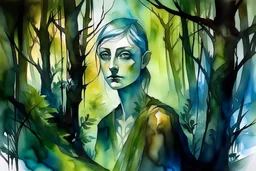 fantasy watercolor painting of a female oread in a shadowy primeval forest background