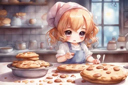 watercolor and ink, cute chibi anime sad girl baking cookies, ethereal, cinematic postprocessing, bokeh, dof