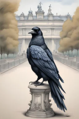 Pencil colour drawing. Anthropomorphic raven dressed in empress Elizabeth style standing in Schloss Schönbrunn park in Vienna