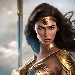 Wonder woman posing in front of a gint insect, holding a large sword, futuristic design, a paradise in background, close-up face, geometric armor, female face, 3d unreal engine, black face, close up armor, church detail, lovely face