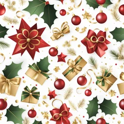 Christmas minimal background, with scattered bells, wreaths, ribbons, presents and ornaments, gold, red and green tones, white background