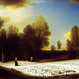 Snow field, with white flowers, by Rembrandt, 4k