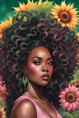 create a pop punk watercolor noir art image of an African American curvy female looking to the side with a large mane of curly black flowing thru the wind. 2k prominent make up with hazel eyes. Highly detailed hair. Background of pink and green sunflowers surrounding her