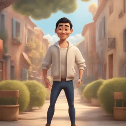 a portrait of smiling young western man. caricature. black hair. short buzz cut hair style. light skin. dark eye pupils. small eyes. round face shape. a bit small goatee, without moustache. white sweatshirt. pixar style. 3D. 4k. portrait. highly detailed. sharp focus. high resolution. full color. cinema lighting