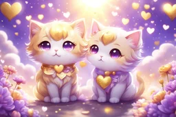 cute anime chibi cat couple, love, valentine day scene, hearts, flowers in sunshine Weight:1 heavenly sunshine beams divine bright soft focus holy in the clouds Weight:0.9 in purple, golden glitters