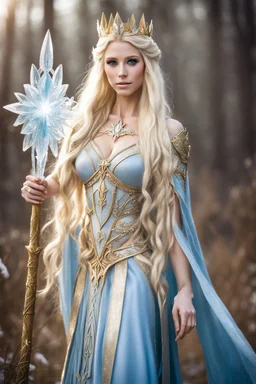 Full body Photography Beautiful Elven princess,blonde gold hair,rapunzel hair,very long hair,elven crown, light blue, white, ice, glitter,sparkle,ice flowers,elven ears,fairy princess, ice fairy,golden armor,ice crystals