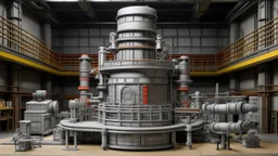 A gray mechanical factory with robots painted by Frank Lloyd Wright