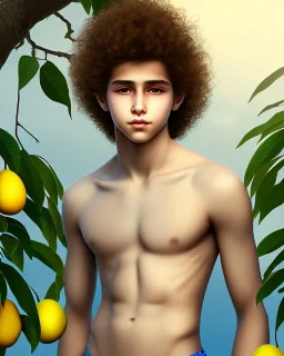 beautiful 12 year old arabic boy with long, curly hair and light blue eyes, smiling, shirtless, in front of a distant mango tree