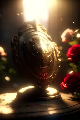 Shield of Honor, High Angle Shot, Shimmering Bokeh, Halo Backlight, Ethereal Glow, Bouquet of Roses, by Skyrn99, Highly Detailed, Ultra Realistic, High Resolution, Daylight, Cinematography