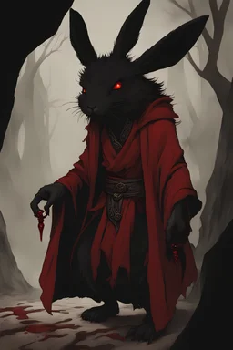 Male rabbitfolk with black fur wearing blood red and black robes in a fantasy setting, sorcerer of death