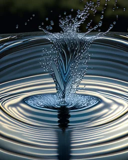 A close-up of a drop of water splashing into a calm pool, capturing the precise moment of impact and the resulting ripples.
