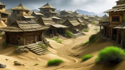 ancient, fantasy, chinese town, dune, crater, sand strom, destroyed chinese houses