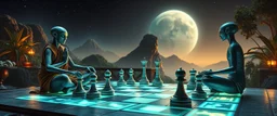 alien yoga monk chess masters playing serious glowing chess on hex map in lounge on beautiful lush planet with huge pieces
