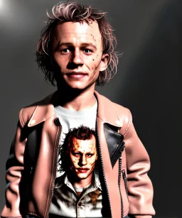 Heath ledger toddler, full body, sneaker, leather jacket, floral shirt, soft skin, dramatic lighting, hyper realistic