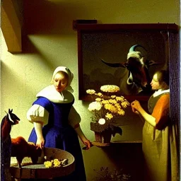 Flowers and goats bright coors in outer space by Vermeer