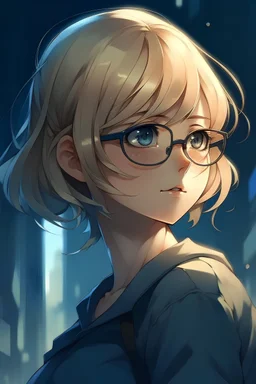 Anime girl, glasses, short hair, blonde, standing, bottom view