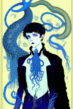 16 year old boy warlock with milky blue eyes, and 1lamprey tentacle coming out of his belly in the style of Harry Clarke