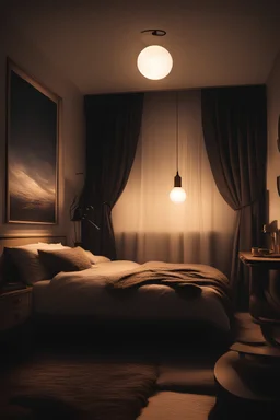cozy bedroom at night from with a one lamp on, room is darken, where the bed is positioned close to the window, and there's no moon in sight