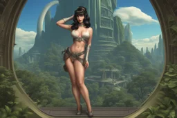 Photorealistic, Full Body Photo Of A Sci-Fi Pin-Up Girl, With Dark Hair With Bangs, On An Alien Jungle Planet With Cloud Trees, Tall Spires, Buildings, Bridges, Arches