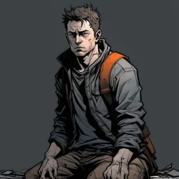 man, ethan hawk, looking at the floor, looking serious, comic book, post-apocalypse, grey background, illustration,
