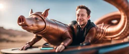 motion blur, close up, portrait of hippie Elon Musk riding an awesome spaceship in copper, fast one in the shape of a horse pig eel snake sphinx is half horse half pig, now its gonna do an awesome gig , bokeh like f/0.8, tilt-shift lens 8k, high detail, smooth render, down-light, unreal engine, prize winning