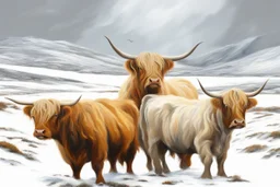 'Winter in the Highlands'. PS Text to Art Firefly AI. Prompt: The vast open wilderness of Lewis and Harris in the Outer Hebrides. impasto oil painting hard scraped. small scale birds in sky. snow storm grey sky. snow deep. highland cow and calf. snowing heavily. sun breaking through. heavy mist.