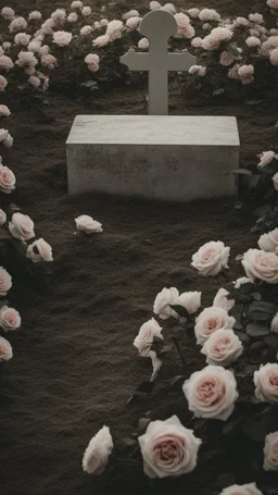 A grave in a field full of roses. Above the grave is a white lace scarf and a gun.cinematic