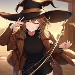 Clear focus, High resolution, short brown spiky hair, hair between eyes, eyes closed, wearing a brown detective hat, wearing a brown jacket and a black shirt, wearing black shorts, 1girl, pulling at down, smiling