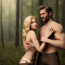 A photo realistic portrait of a stunning blonde girl and a handsome muscular dark haired man in a lovers embrace standing in a forrest