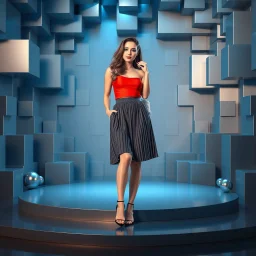 make a picture pretty stage made of metallic blue-gray teme 3d recursive cubic and sphere and cylinder base structures and a beautiful fashion model lady standing with cute in scene with sexy top and pretty pleated midi skirt ,makeup curvy long hair,dynamic camera zoom to full body and pan, dynamic lights.