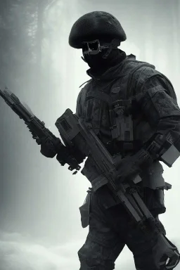 All Black british soldier, ghost, wearing high tech mask, white smoke, dark, rage, sorrow, high definition, ultra 8 k, volumetric lighting, blue fire, fog