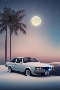 1980's aesthetic vaporwave palm trees with lighting with moon with audi in the winter snow