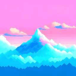 pixelated (16*16 pixels) image of a small mountain (which barely covers 25% of the image) and cotton candy colour sky winther snow