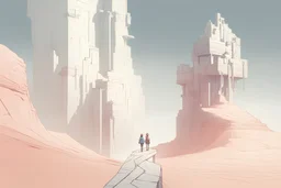 manifold garden; monument valley; two people walking on a wall dressed in white