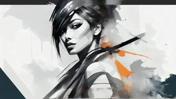 aesthetic, painterly style, modern ink, akali, akali custom, sensual, sultry, dark blouse, expressive pose, urbanpunk, abstract texture multilayer background, neo-expressionist , Russ Mills, Ian Miller