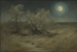 night, mistery and enigmatic, dry weeds, new age influence, disturbing and horror, rocks, epic, hans am ende, anna boch, juliette wytsman, and jenny montigny impressionism paintings