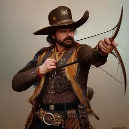 portrait,"Insanely detailed photograph of a male western mustachioed crossbowman", detailed charro and Sombrero, digital painting,eye patch, cigar, artstation, concept art, sharp focus, illustration, art by artgerm and greg rutkowski and alphonse mucha, 8 k,fantasy, unreal engine