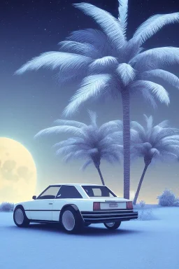 1980's aesthetic vaporwave palm trees with lighting with moon with audi in the winter snow