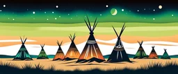 Prairie landscape, aurora borealis, 3 teepees, historically authentic, indigenous graphic style