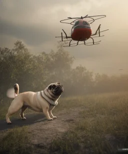 pug dog flying an helicopter