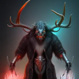 BEAST - Rendezvous,dark figure with scythe, full body, glowing eyes, grey mist, light rays, torch, cute glassy eyes, twisting antlers