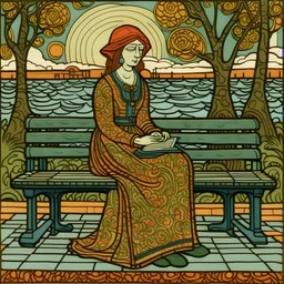 a painting of a lady sitting on a bench by Steve Brodner, pixiv, naive art, tarot card, whimsical, woodcut