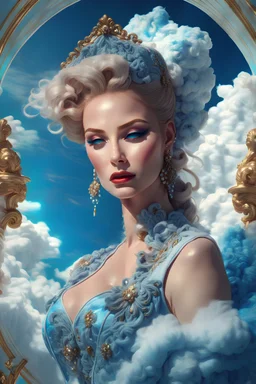 Fashion portrait made of clouds; blue sky, hyperdetailed; photograph taken on nikon D750, intricate, elegant, hyperrealistic; rococo, fantasy, centered by Anna Dittman Karol Bak Giovanni Battista, detailed matte painting, deep color, intricate detail, splash screen, complementary colors, fantasy concept art, 8k, Artstation Unreal Engine 5