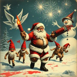 there is no kebabs at christmas, evil naked Santa, evil naked gnomes running around, staring flaming eyes, evil naked Rudolf, very big evil melting angry Frosty the snowman in background, 1940 christmas postcard, blood stains, Flying angels, Santa holding a chainsaw, fireworks,