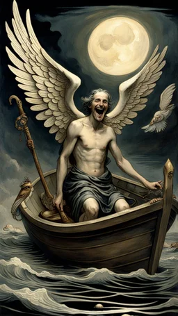 Charon in his boat wearing laughing angel